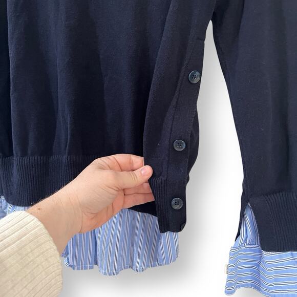 Talbots Mock Neck Pullover Sweater Small Petite SP Faux 2-Pc Woven Hem Navy Blue - Picture 5 of 7